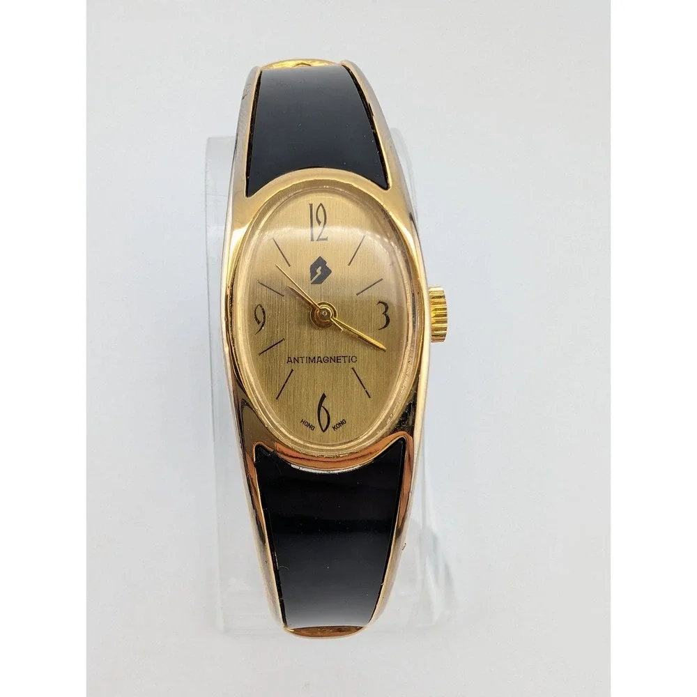 Vintage Women's Mechanical Black and Gold Cuff Band Watch- Working
